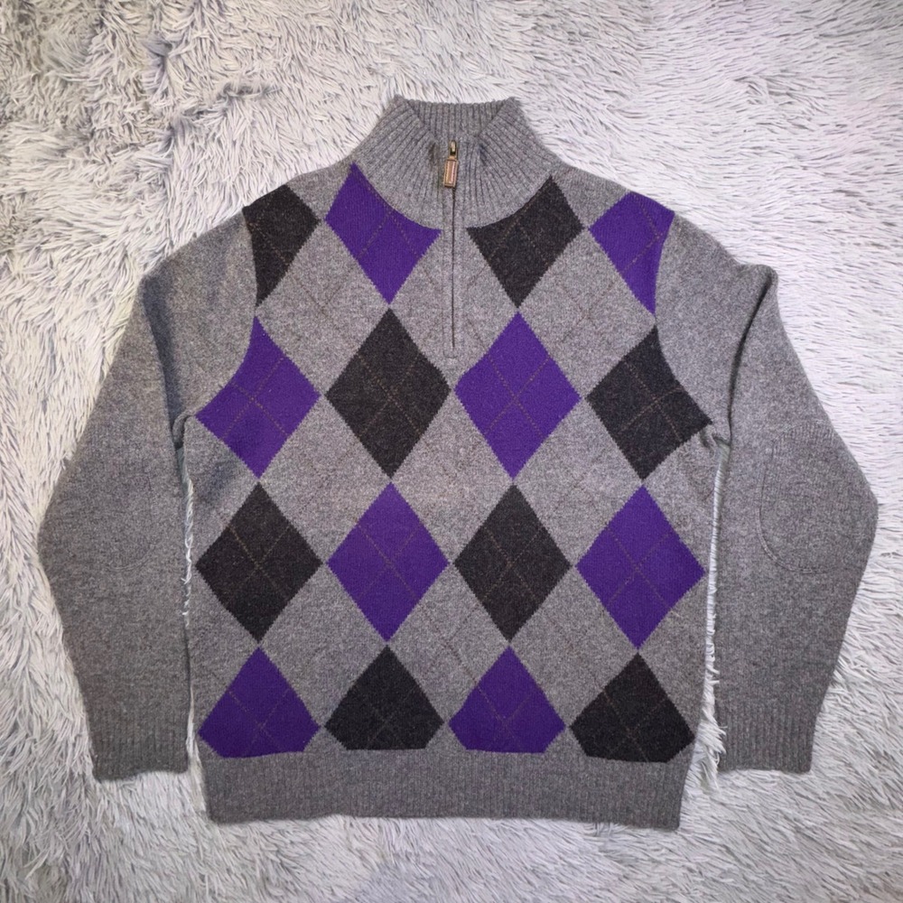 J.Crew Mens Large Lambswool Argyle Quarter Zip Sweater Elbow Patches Gray Purple - Picture 3 of 10